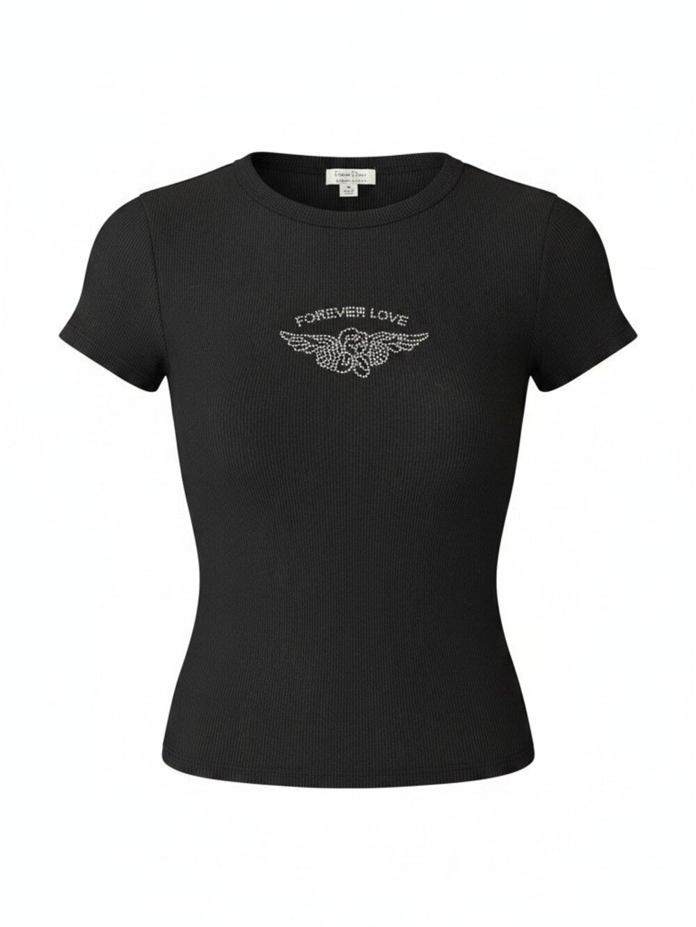 Faded Rose Essentials Rhinestone "Forever Love" Angel Wings Ribbed Tee - Size M